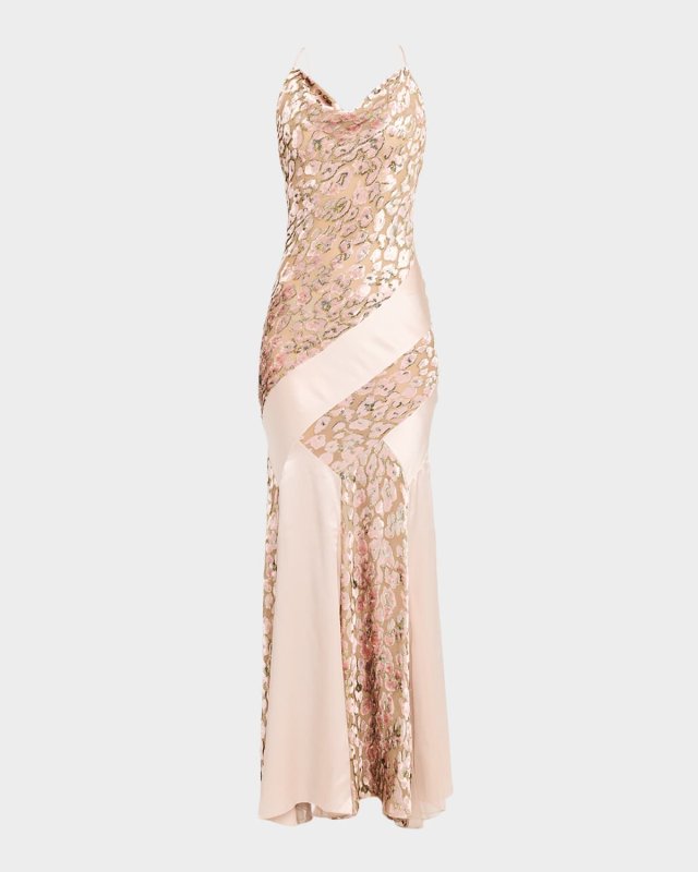 Metallic Leopard Paneled Backless Maxi Dress